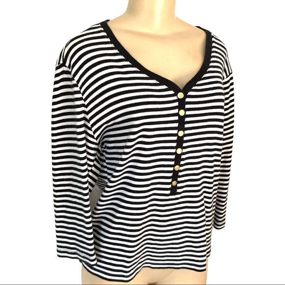 Preppy Nautical Striped Black & White V-Neck LS Tee Shirt Button Detail - Picture 2 of 5